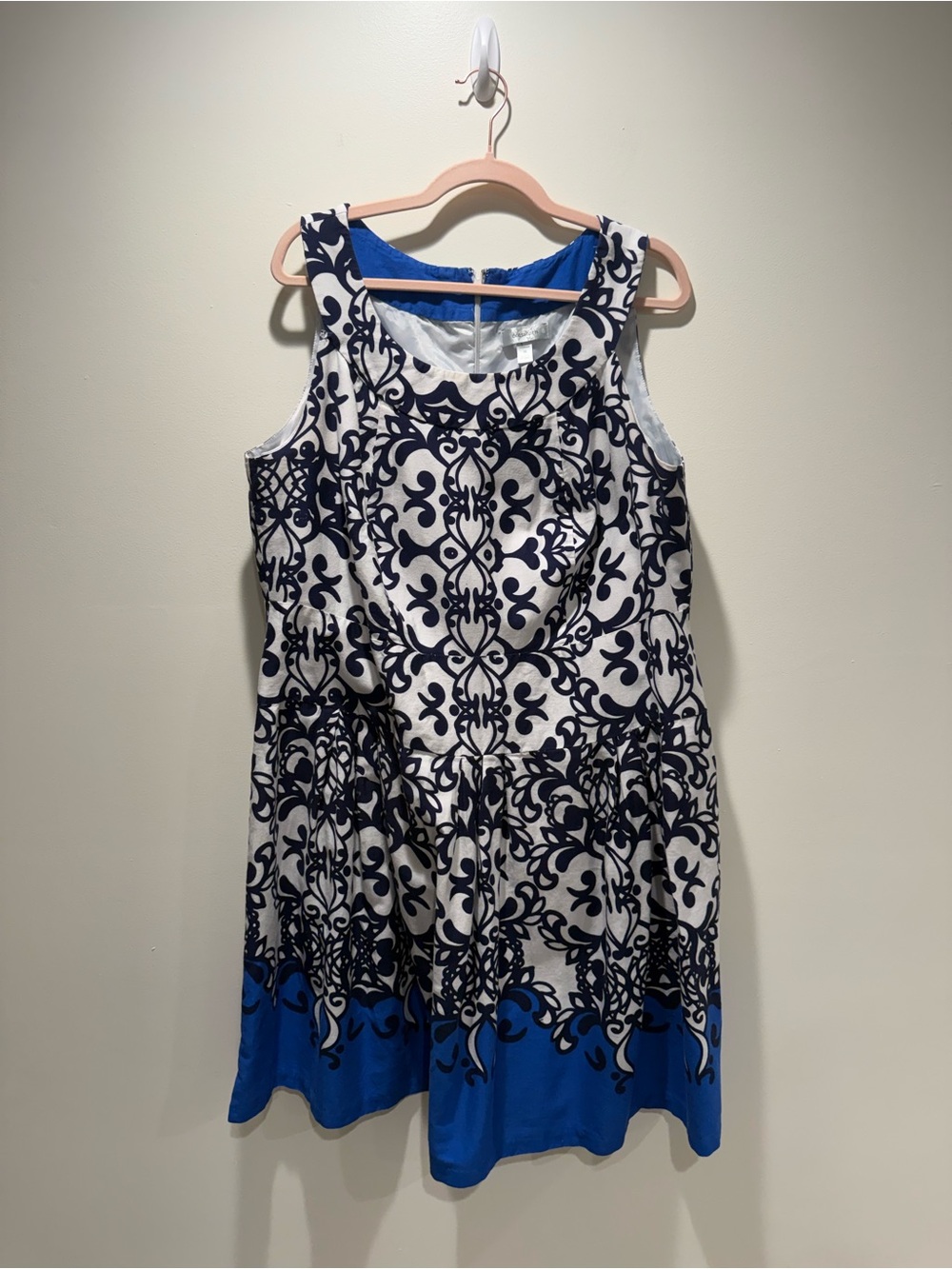 Dress Barn White and Navy Patterned Sleeveless Midi Dress with Bright Blue Hem